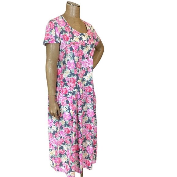 VTG Chandni Shift/Shirt Midi Dress Sz L 100% Cotton Pink Floral Pockets 262F - Picture 3 of 7